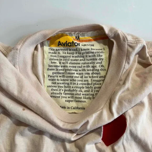 Aviator Nation Cream Short Sleeve T Shirt With Heart Patch Medium Soft Flawed - Picture 10 of 15
